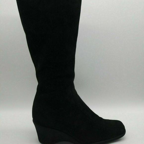 Aquatalia Black Suede Faux Fur Knee High Wedge Heel Side Zip Boots Womens 7.5